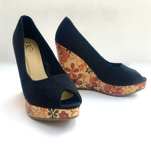 Black Canvas & Flowered Cork Platform Wedges
